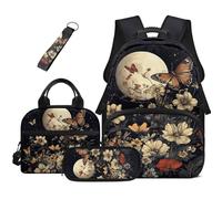 Dolyues Axolotl Lot de 4 sacs à dos pour filles Sac à déjeuner Trousse à crayons Kawaii Sac à dos d'école primaire 3e année, Papillon Fleur Lune, Sac à dos daypack