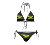Dolyues Ensemble bikini sexy à lacets pour femme - Triangle - Taille basse, Drapeau de la Jamaïque - Noir, S
