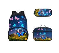 Dolyues Ensemble cartable avec boîte à déjeuner, trousse à crayons et sac à dos de 43,2 cm, sac à dos léger de voyage, université, école, Papillon 3