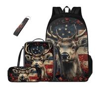 Dolyues Ensemble de 4 sacs à dos d'école pour garçons avec boîte à déjeuner, trousse à crayons et porte-clés pour enfants de 4 à 9 ans, 9 à 14 ans, Cerf drapeau des États-Unis