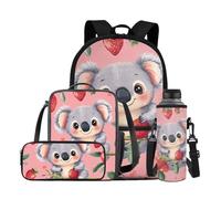 Dolyues Ensemble de 4 sacs à dos pour fille avec boîte à déjeuner et housse de bouteille d'eau, pour filles de 10 à 12 ans, 6 à 8 ans, 8 à 10 ans, de 4 à 6 ans, Fraise koala