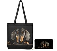 Dolyues Ensemble de sacs à main et sac à main pour femme - Grande capacité - En toile - Avec poche intérieure - Portefeuille assorti, Motif teckel noir, Large