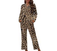 Dolyues Ensemble pyjama deux pièces pour femme, chemise boutonnée et pantalon, pyjama long, pyjama long décontracté, Motif léopard Marron, XL