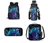 Dolyues Ensemble sac à dos 4 en 1 pour enfant avec sac à déjeuner et trousse à crayons et porte-bouteille d'eau, loup, Sac à dos enfant
