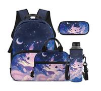 Dolyues Ensemble sac à dos et boîte à déjeuner 4 en 1 pour filles avec pochette pour bouteille d'eau, sac à livres de 3e année pour enfants de 8 à 10 ans, Livre Axolotl, Sac à dos daypack
