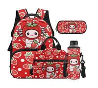 Dolyues Ensemble sac à dos et boîte à déjeuner 4 pièces pour filles, sac à dos avec pochette pour bouteille d'eau, sacs à dos d'école primaire pour enfants, Axolotl Fraise Rouge, Sac à dos daypack