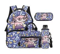 Dolyues Ensemble sac à dos et boîte à déjeuner 4 pièces pour filles, sac à dos avec pochette pour bouteille d'eau, sacs à dos d'école primaire pour enfants, Axolotl Crayon Violet, Sac à dos daypack