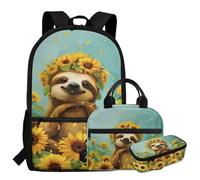 Dolyues Ensemble sac à dos pour filles de 10 à 12 ans, sac d'école, boîte à déjeuner isotherme et pochette à stylos élégant pour enfants de 43,2 cm, Paresseux tournesol