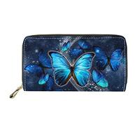 Dolyues Long portefeuille imperméable en cuir synthétique pour femme avec fermeture éclair et poche pour pièces de monnaie, Motif papillon galaxie bleu, Classique