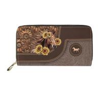 Dolyues Long portefeuille imperméable en cuir synthétique pour femme avec fermeture éclair pour cartes de crédit et argent liquide avec poche pour pièces de monnaie, Cheval tournesol, Classique