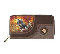 Dolyues Long portefeuille imperméable en cuir synthétique pour femme avec fermeture éclair pour cartes de crédit et argent liquide avec poche pour pièces de monnaie, loup, Classique