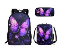 Dolyues Lot complet de 3 sacs à dos d'école pour filles avec sac à déjeuner et boîte à crayons, imprimé papillon bleu, Papillon/violet, Sacs à dos