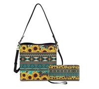 Dolyues Lot de 2 sacs seau + portefeuille pour femme, sac à bandoulière en cuir, sac à main long avec ceinture imperméable, Tournesol aztèque