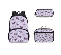 Dolyues Lot de 3 sacs à dos papillon pour enfants, sacs à livres pour l'école primaire avec sac à déjeuner et trousse à crayons, violet, Papillon/violet