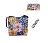 Dolyues Lot de 3 sacs seau pour femme - Long portefeuille - Porte-clés - Tendance - En cuir - Pour travaux de tarve, Boho Flower