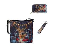 Dolyues Lot de 3 sacs seau pour femme - Long portefeuille - Porte-clés - Tendance - En cuir - Pour travaux de tarve, Cerf de Noël.