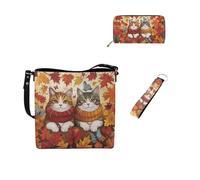 Dolyues Lot de 3 sacs seau pour femme - Long portefeuille - Porte-clés - Tendance - En cuir - Pour travaux de tarve, Chats mignons