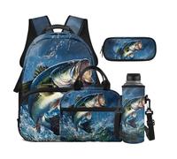 Dolyues Lot de 4 sacs à dos avec boîte à déjeuner pour enfants de 8 à 10 ans avec porte-bouteille d'eau, Poisson, Sac à dos daypack