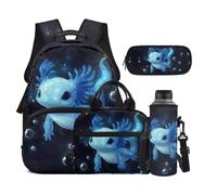 Dolyues Lot de 4 sacs à dos avec boîte à déjeuner pour enfants de 8 à 10 ans avec porte-bouteille d'eau, Axolotl bleu, Sac à dos daypack
