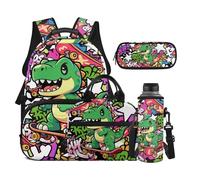 Dolyues Lot de 4 sacs à dos avec boîte à déjeuner pour enfants de 8 à 10 ans avec porte-bouteille d'eau, Vert dinosaure, Sac à dos daypack