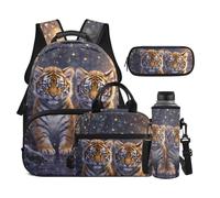 Dolyues Lot de 4 sacs à dos avec boîte à déjeuner pour enfants de 8 à 10 ans avec porte-bouteille d'eau, tigre, Sac à dos daypack
