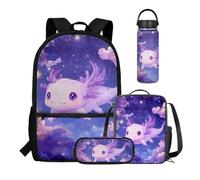 Dolyues Lot de 4 sacs à dos d'école pour enfants avec sac à déjeuner, trousse à crayons et bouteilles isothermes légers, Axolotl, Water Bottle-18oz