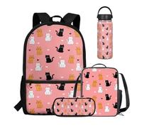 Dolyues Lot de 4 sacs à dos d'école pour enfants avec sac à déjeuner, trousse à crayons et bouteilles isothermes légers, Chats mignons, Water Bottle-20oz