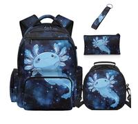 Dolyues Lot de 4 sacs à dos dinosaures avec boîte à déjeuner pour garçons de 4e année, pour la rentrée scolaire, pour enfants de 8 à 10 ans, Axolotl Bleu, Sac à dos daypack
