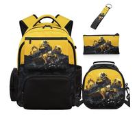 Dolyues Lot de 4 sacs à dos dinosaures avec boîte à déjeuner pour garçons de 4e année, pour la rentrée scolaire, pour enfants de 8 à 10 ans, Excavatrice Jaune Noir, Sac à dos daypack