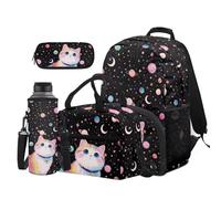 Dolyues Lot de 4 sacs à dos et boîte à déjeuner pour enfants de 8 à 10 ans avec pochette pour bouteille d'eau, Imprimé chat., Sac à dos daypack