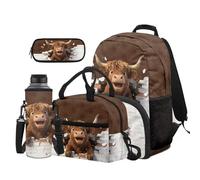 Dolyues Lot de 4 sacs à dos et boîte à déjeuner pour enfants de 8 à 10 ans avec pochette pour bouteille d'eau, Vache Highland, Sac à dos daypack
