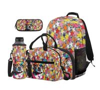 Dolyues Lot de 4 sacs à dos et boîte à déjeuner pour enfants de 8 à 10 ans avec pochette pour bouteille d'eau, Carlin étoilé, Sac à dos daypack