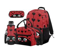 Dolyues Lot de 4 sacs à dos et boîte à déjeuner pour enfants de 8 à 10 ans avec pochette pour bouteille d'eau, Ladybugs, Sac à dos daypack