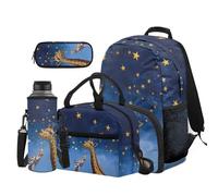 Dolyues Lot de 4 sacs à dos et boîte à déjeuner pour enfants de 8 à 10 ans avec pochette pour bouteille d'eau, girafe, Sac à dos daypack