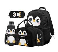Dolyues Lot de 4 sacs à dos et boîte à déjeuner pour enfants de 8 à 10 ans avec pochette pour bouteille d'eau, pingouin, Sac à dos daypack