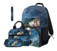 Dolyues Lot de 4 sacs à dos et boîte à déjeuner pour garçons de 4e année pour la rentrée scolaire des enfants de 8 à 10 ans, Poisson, Sac à dos daypack