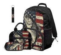 Dolyues Lot de 4 sacs à dos et boîte à déjeuner pour garçons de 4e année pour la rentrée scolaire des enfants de 8 à 10 ans, Poisson drapeau américain, Sac à dos daypack