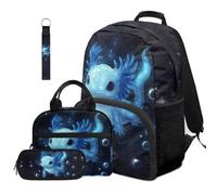 Dolyues Lot de 4 sacs à dos et boîte à déjeuner pour garçons de 4e année pour la rentrée scolaire des enfants de 8 à 10 ans, Axolotl Bleu, Sac à dos daypack