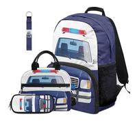 Dolyues Lot de 4 sacs à dos pour garçons avec boîte à déjeuner pour la rentrée scolaire de 4e année 8 à 10 ans, Voiture de police., Sac à dos daypack