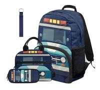 Dolyues Lot de 4 sacs à dos pour garçons avec boîte à déjeuner pour la rentrée scolaire de 4e année 8 à 10 ans, Voiture de police bleue, Sac à dos daypack