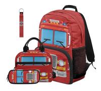 Dolyues Lot de 4 sacs à dos pour garçons avec boîte à déjeuner pour la rentrée scolaire de 4e année 8 à 10 ans, Véhicule d'extinction, Sac à dos daypack