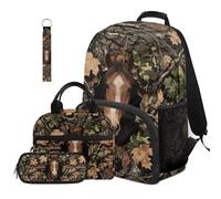 Dolyues Lot de 4 sacs à dos pour garçons avec boîte à déjeuner pour la rentrée scolaire de 4e année 8 à 10 ans, Camouflage cheval, Sac à dos daypack