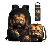 Dolyues Lot de 4 sacs à dos pour garçons avec boîte à déjeuner, trousse à crayons et bouteille d'eau isotherme, 567 g, pour collège et lycée, lion, Water Bottle-18oz