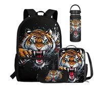Dolyues Lot de 4 sacs à dos pour garçons avec boîte à déjeuner, trousse à crayons et bouteille d'eau isotherme, 567 g, pour collège et lycée, tigre, Water Bottle-18oz