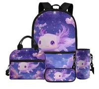 Dolyues Lot de 4 sacs à livres pour boîte à déjeuner et housse de bouteille d'eau pour filles de 6 à 14 ans, Galaxy Axolotl