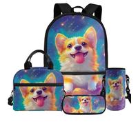 Dolyues Lot de 4 sacs à livres pour boîte à déjeuner et housse de bouteille d'eau pour filles de 6 à 14 ans, Galaxy Corgi