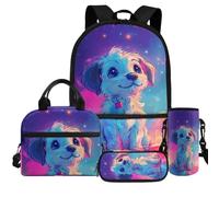 Dolyues Lot de 4 sacs à livres pour boîte à déjeuner et housse de bouteille d'eau pour filles de 6 à 14 ans, Chien galaxie