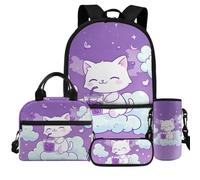 Dolyues Lot de 4 sacs à livres pour boîte à déjeuner et housse de bouteille d'eau pour filles de 6 à 14 ans, Chat de dessin animé.