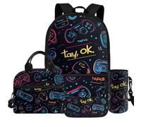 Dolyues Lot de 4 sacs à livres pour boîte à déjeuner et housse de bouteille d'eau pour garçons de 6 à 14 ans pour l'école primaire, Jeu