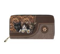 Dolyues Portefeuille long en cuir PU imperméable pour femmes avec fermeture éclair pour cartes de crédit et argent liquide avec poche à pièces, Chat mignon, Classique